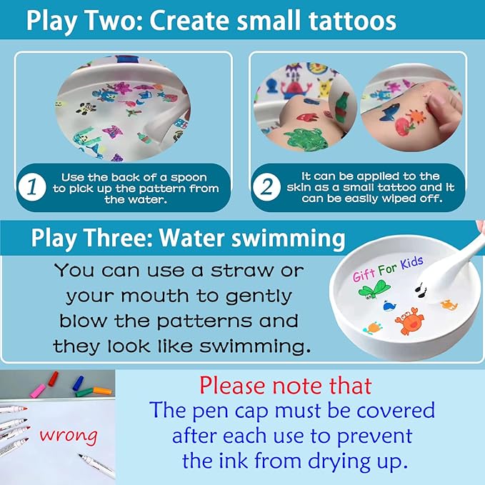 IRWPITW Magic Drawing Pen Bundle, 12 Colors Magical Water Painting Pens for Kids, Kiddies Create Magic Pen Floating Ink Drawings Set with Spoons and Towel, Tattoo Water Marker Gifts for Boys and Girls