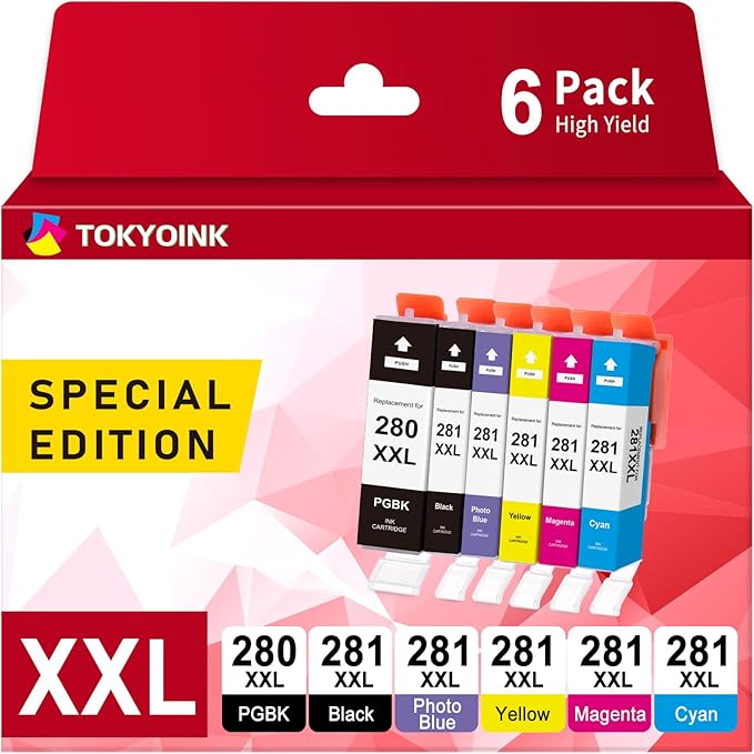 TOKYOINK Compatible Ink Cartridge Replacement for Canon PGI-280 XXL 280XXL PGBK for Pixma TR8620 TR8620a TR8520 TR7520 TS9120 TS8320 TS8220 TS6120 Printer 6 Pack PGBK/PB/Black/Cyan/Magenta/Yellow