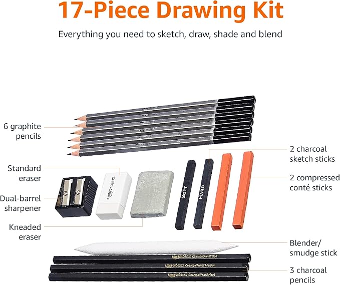 Amazon Basics Sketching and Drawing Art Pencil Kit, Artist Supplies with Pencils, Erasers, Sharpener, Charcoal, Black, White, 17 Piece Set
