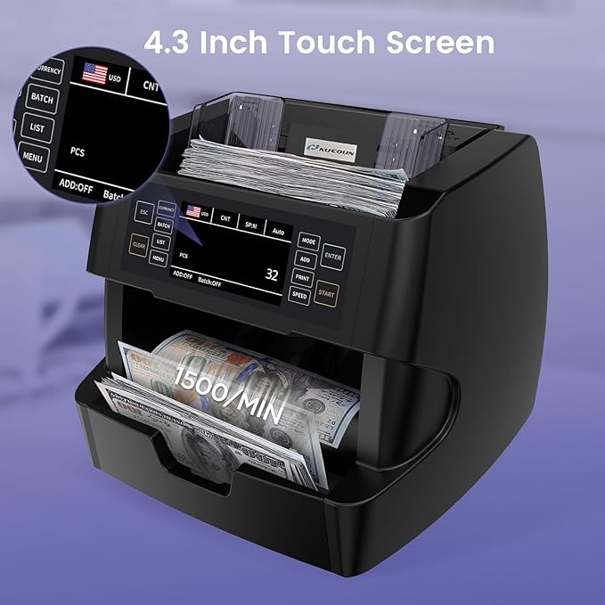 NUCOUN VC-3 Money Counter Machine Mixed Denomination, Value Counting, CIS/UV/IR/MG/MT Counterfeit Detection, USD/Euro/CAD/MXN, Printer Enabled Bill Cash Counter for Business