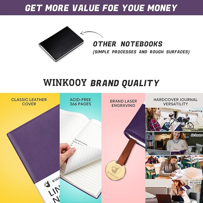 Lined Journal Notebook, 366 Pages, 100Gsm Leather Hardcover Journals for Writing Thick A5 College Ruled Classic Notebook with Pen Loop, Daily Journal for Women Men Travel Business Work Officee