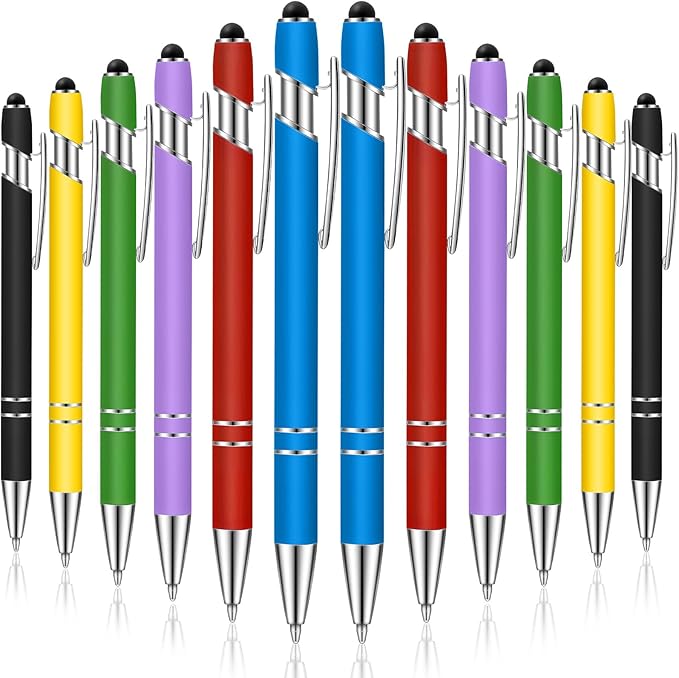 Tenare 12 Pieces Ballpoint Pen with Stylus Tip, 1.0 mm Black Ink Metal Pen 2 in 1 Stylus Pen for Touch Screens, Stylus Ballpoint Pen(Bright Color)