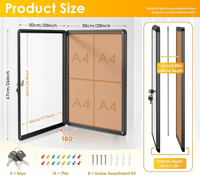 SWANCROWN Lockable Bulletin Board Notice Pin Cork Boards Tamper Proof Message Board for Photos Memos,26x20inch (4xA4)