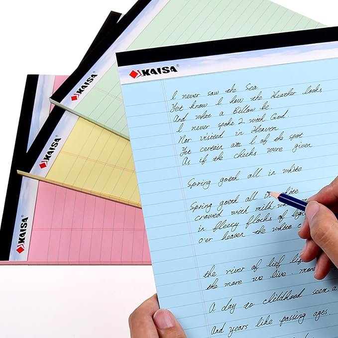 KAISA Colored Legal Pad Writing Pads 8.5x11 inch, Wide Ruled, 40 Sheets/Pad, 20lb Colored Paper, Perforated Writing Pad with Sturdy Back (4 Pads), KSU-5972