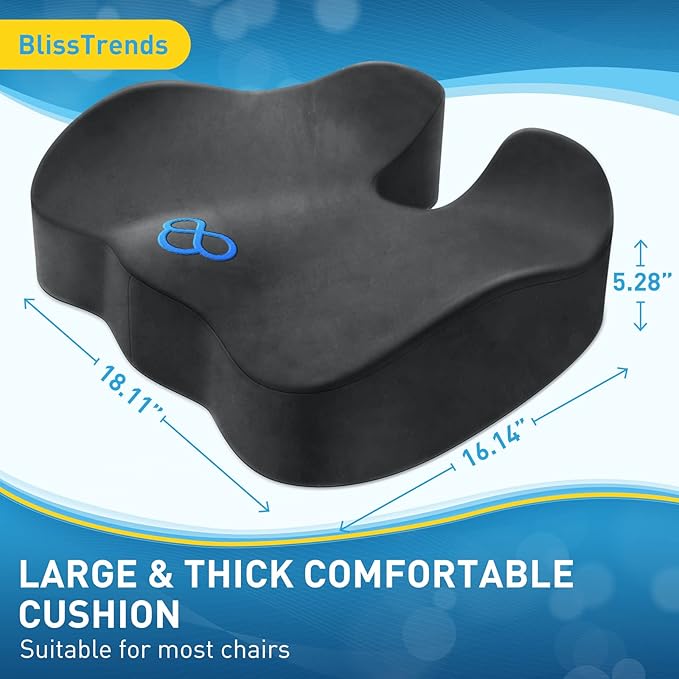 BlissTrends Seat Cushion,5.2in Thick Memory Foam Cushions for Office Chair, Car Seat, Airplane, Relieving Pressure Tailbone Sciatica Back Pain for Long Sitting Office Workers, Car Drivers Grey
