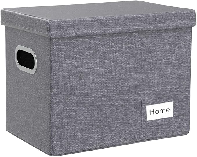 PRANDOM File Organizer Box - Set of 1 Collapsible Decorative Linen Filing Storage Hanging File Folders with Lids Office Cabinet Letter Size Grey (14x9.3x10.8 inch)