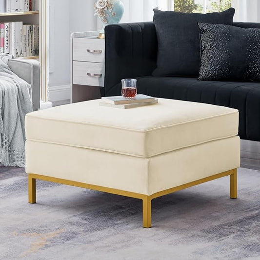 24KF Large Velvet Ottoman - Padded Cushion Foot Rest for Living Room - Cream