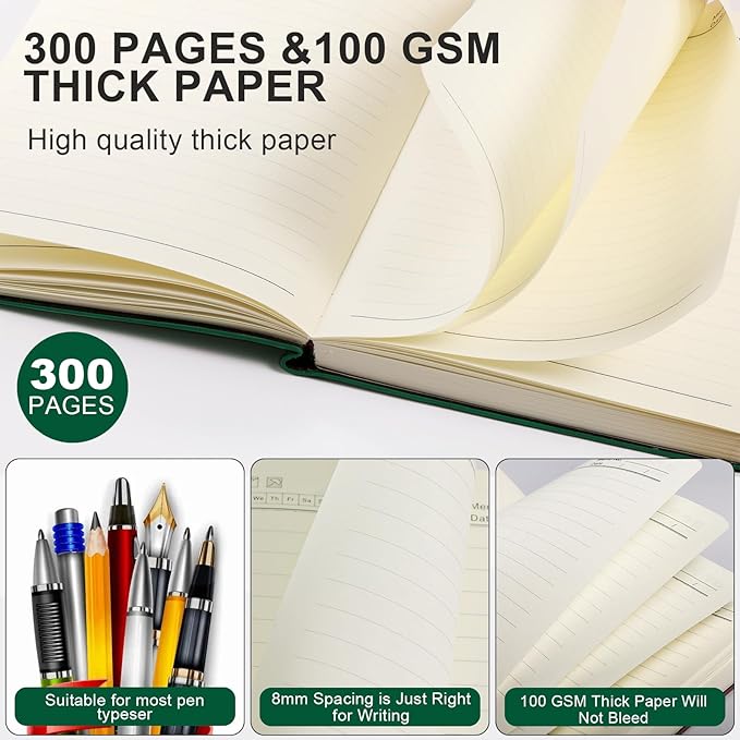 Aesthetic Lined Journal Notebook for Women,300 Pages Softcover Leather Lined Journal Notebook,300 Pages Daily Journal, College Ruled Notebook for Work School, Note Taking 5.75''X8.38'' Green