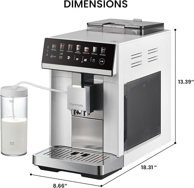 Koolatron Kenmore Espresso Machine – All-In-One Fully Automatic Coffee Maker With Auto Tamper, Descaler, Milk Steamer & Frother, Bean Grinder, Professional Barista Style Cappuccino, Cafe Latte, White