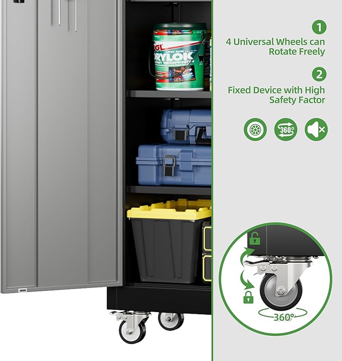 Aobabo Upgraded Garage Storage Cabinets with Wheels,Metal Storage Cabinets with 5 Adjustable Shelves for Garage Home Office Storage, Black&Dark Grey,71''H*32''W*16''D,Assembly Required