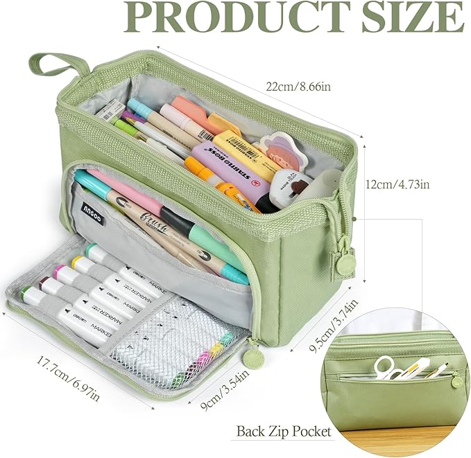 Pencil Case Pouch Large Capacity with Compartments, Pencil Case Pouch Bag with Zipper Handle for Teen Girls Boys Adults Women Men, Portable Pen Bag Stationery Organizer for Office School Travel, Green