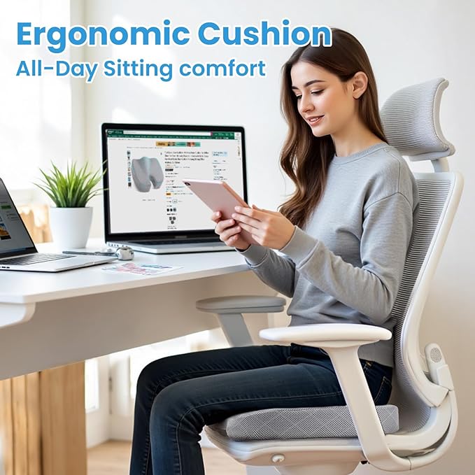 TushGuard Office/Car Seat Cushion, Non-Slip Sciatica & Back Coccyx Tailbone Pain Relief Chair Pad, Memory Foam Butt Pillow for Computer Desk, Wheelchair, Driving (Light Grey)