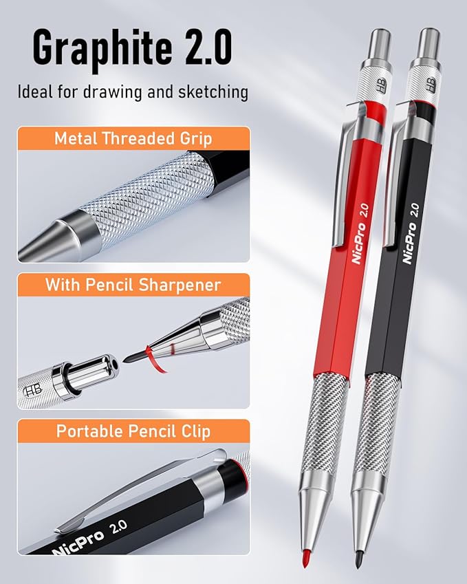 Nicpro 11 Pack Carpenter Pencil Set with Sharpener, Mechanical Carpenter Pencils with 40 Refill, Automatic Center Punch and Carbide Scribe Tool, Heavy Duty Construction Pencil for Architect-With Case