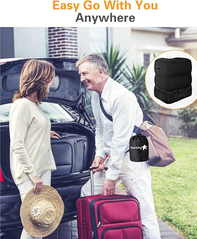 Sunany Inflatable Foot Rest Pillow , Adults Airplane Travel Pillow-Adjustable Height Cushions,for Kids to Sleep While Traveling,Suitable for Office, Home and Any Travel（Black）
