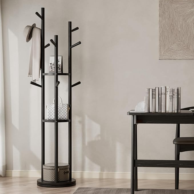 Solid Wood Rotary Coat Rack, Freestanding Coat Rack with 3 Shelves and 9 Hooks, Coat tree for Bedroom, Entryway, Livingroom, Coat Hanger Stand for Coats, Scarves, Handbags (Black)