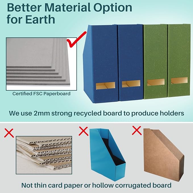 Magazine Holder - File Holder and Desk Organizer, Paperboard Book Organizer and Storage Box for Documents, Magazine Holder Rack for Classroom, Home, and Office (Leaf Green, 2-Pack)