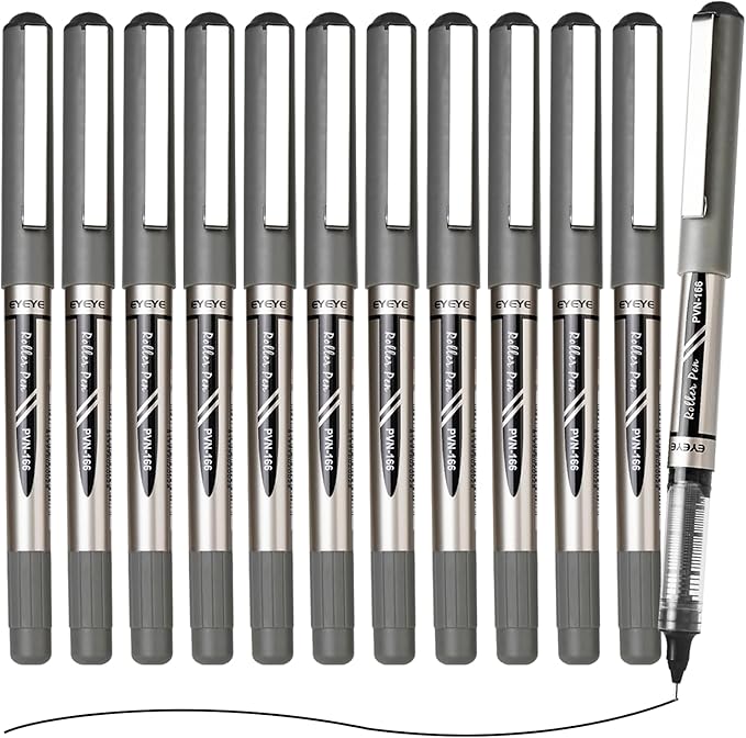 EYEYE Black Rollerball Pens 0.7mm Needle Tip 12 Pack, Medium Point Pen Quick Dry, Liquid Ink Pens Fine Point Smooth Writing Pen for Journaling, Note Taking, Office, School Supplies