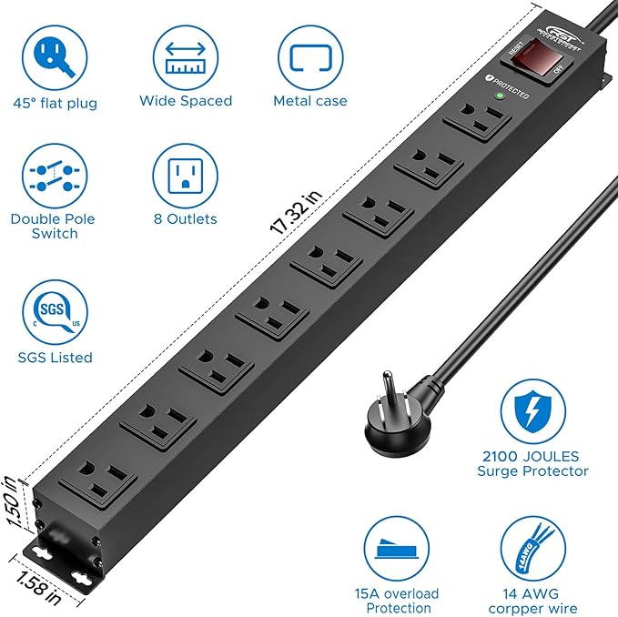 CRST 8 Outlet Metal Heavy Duty Power Strip, 2100J Surge Protector, 6FT Cord Mountable Wide Spaced Industrial Power Strip,15A/1875W