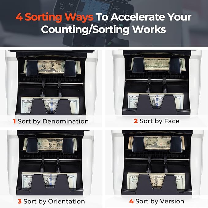 MUNBYN IMC40 2-Pocket Money Counter Machine Mixed Denomination and Sorter, Built-in Printer, Sort on DENOM/FACE/ORI, Value Counting, Counterfeit Detection 2 CIS/UV/MG/IR, Touch Screen, 2Y Protection