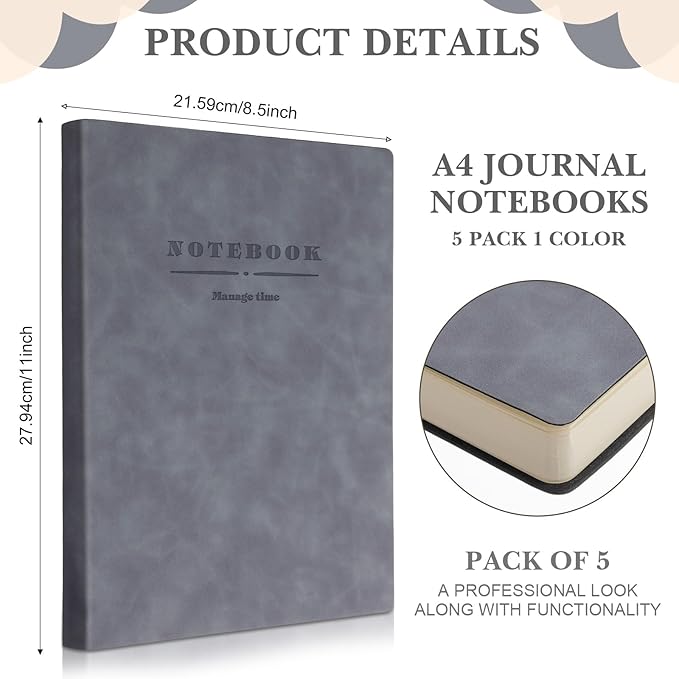 SATINIOR 5 Pack A4 Notebooks Large Journal 360 Pages Leather Softcover Hardcover Notebooks Thick Paper Lined Notepad for Office School Business Note Taking Writing, 8.5'' x 11''(Gray)