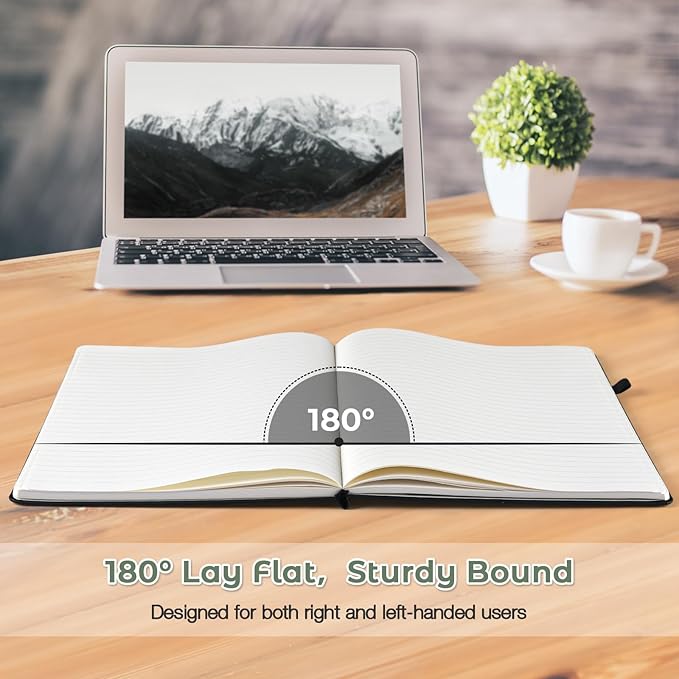 College Ruled Notebook, A4 Hardcover Leather Notebook for Work, Lined Notebook Journal for Women Men, 192 Thick Paper, Lay Flat Large Notebook with Pockets, Professional Business Notebook, Light Green