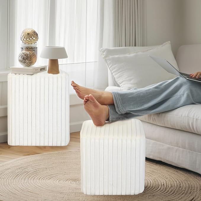 Modern Square Ottoman, Vertical Channel Tufted Foot Stool Ottoman, Velvet Upholstered Vanity Stool for Makeup, Bedroom, Living Room, White