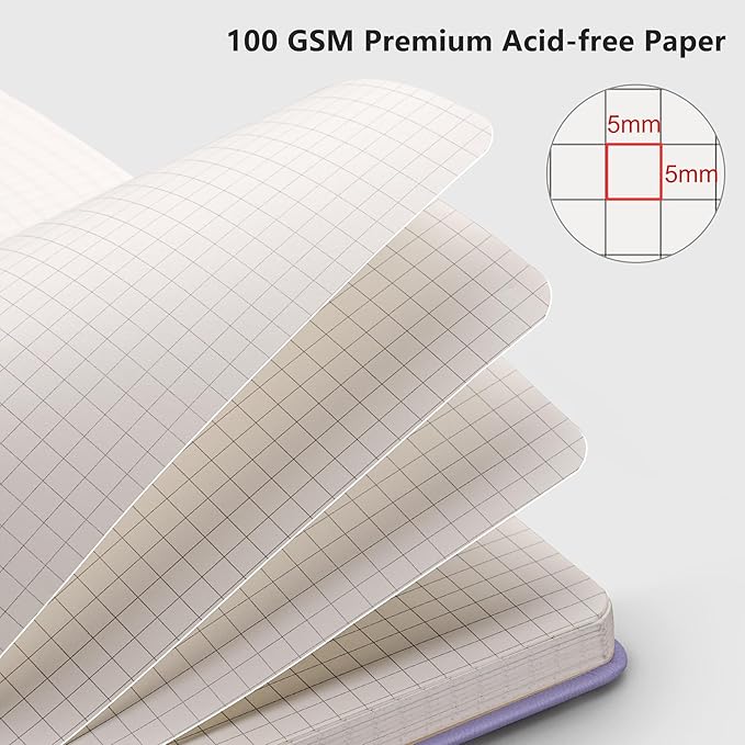 RETTACY Graph Grid Paper Notebook, 192 Pages, A5 Medium Size (5.7'' x 8.3''), 5 Squares per Inch, Leather Hardcover, 100 GSM Thick Paper, for School, Students, Math, Engineering (Purple)