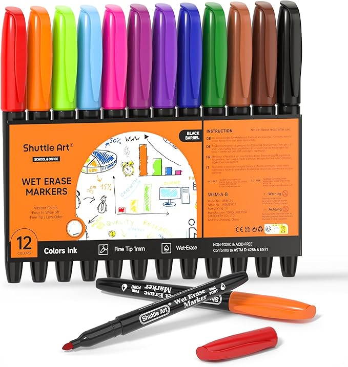 Shuttle Art Wet Erase Markers, 12 Colors 1mm Fine Tip Smudge-Free Markers, Use on Laminated Calendars,Overhead Projectors,Schedules,Whiteboards,Transparencies,Glass,Wipe with Water