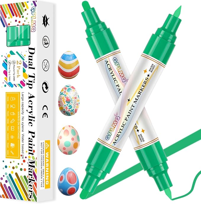 Paint Markers Paint Pens - 2 Pack Dual Tip Acrylic Permanent Marker (0.7mm & 3mm), Non-Toxic, Water-Based for Art Painting, Stone, Ceramic, Glass, Wood, Fabric, Metal, DIY Crafts (Green)