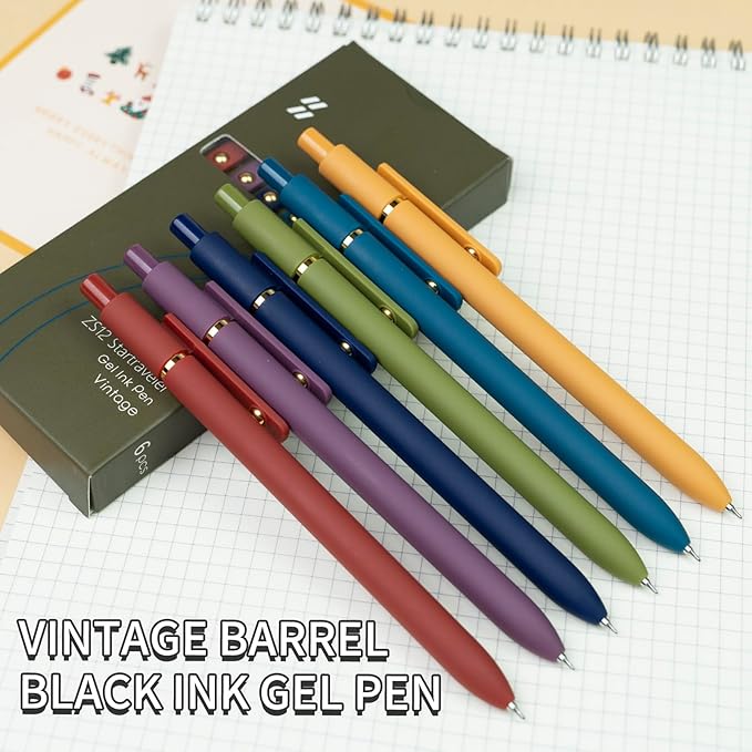 6 Pcs Gel Pens, 0.5mm Black Ink Pen Fine Point Smooth Writing Pens Japanese Cute Pen for Journaling and Note Taking, Gifts for Women Men, 6 Pcs Vintage Gold