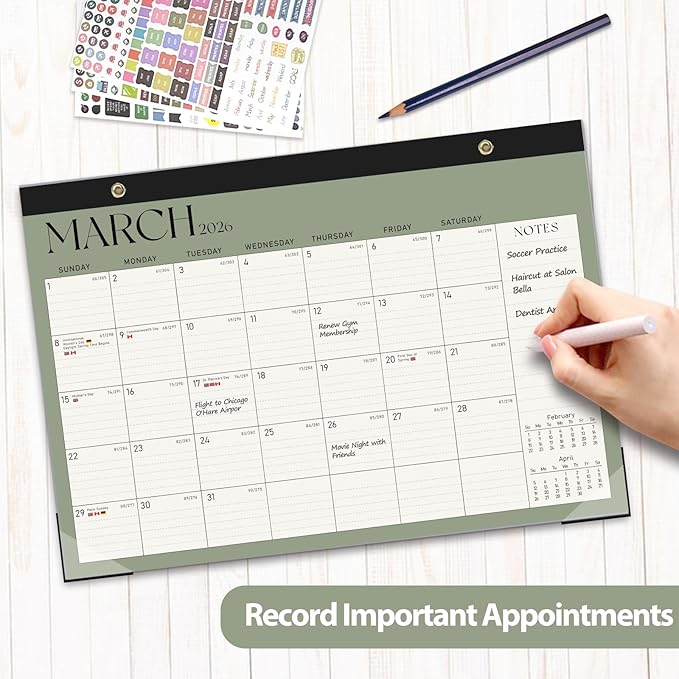 Calendar 2025-2026, Monthly Desktop Large Calendar (July 2025 - December 2026) Desk Wall Planner for Family Office Teacher School, 17" x 12" Green