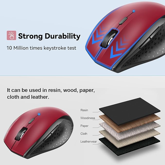 TECKNET Bluetooth Mouse, 4800 DPI Wireless Mouse, 2-Year Battery 6 Adjustable DPI, 6 Buttons Compatible with Laptop/Windows/Computer - Red