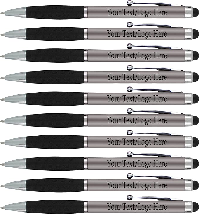Personalized Pens With your Custom Logo or Text-300 Pack Bulk-for Businesses, Parties, and Events, 2 in 1 Ballpoint Pen & Stylus Compatible with Touchscreen Devices, Grey Barrel, Black Ink