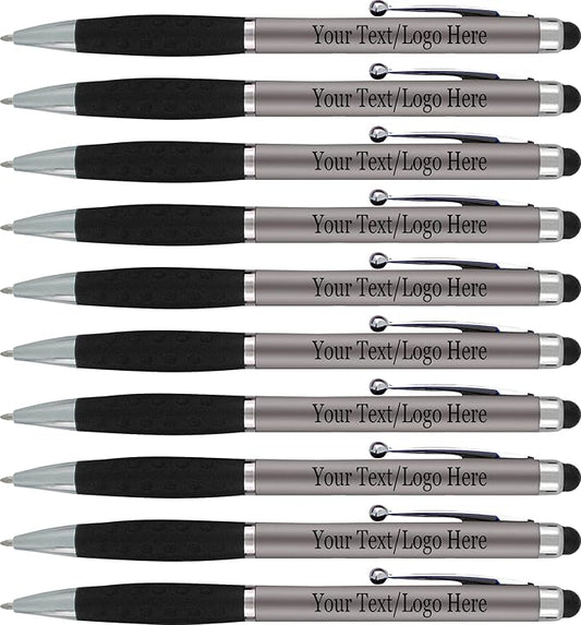 Personalized Pens With your Custom Logo or Text-600 Pack Bulk-for Businesses, Parties, and Events, 2 in 1 Ballpoint Pen & Stylus Compatible with Touchscreen Devices, Grey Barrel, Black Ink