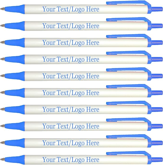 Personalized Click Stick Pens With your Custom Logo or Text-300 Pack Bulk-for Businesses, Parties, and Events, Custom Printed Retractable Slim Ballpoint Pens, Light Blue, Black Ink
