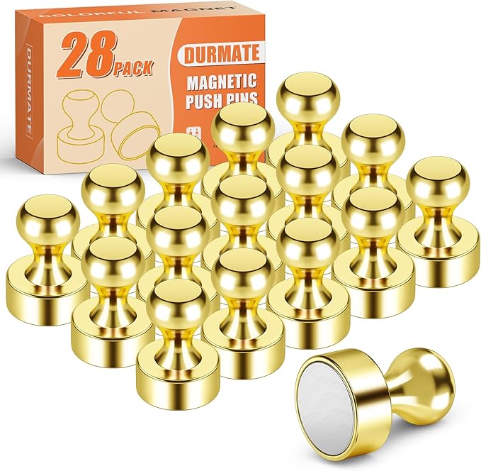 Small Whiteboard Magnets, Tiny Cute Push Pins Neodymium Strong Magnets for Fridge, Gold Kitchen Magnetic Refrigerator for Office, Gadgets, Classroom, Locker Accessories, Pack of 28