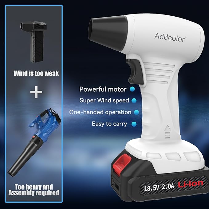 Leaf Blower Cordless, Portable Handheld Blowers with 18.5V 2.0Ah Battery and Charger, Electric Leaf Blower for Dust Snow Blowing, Lawn Care, Patio, White