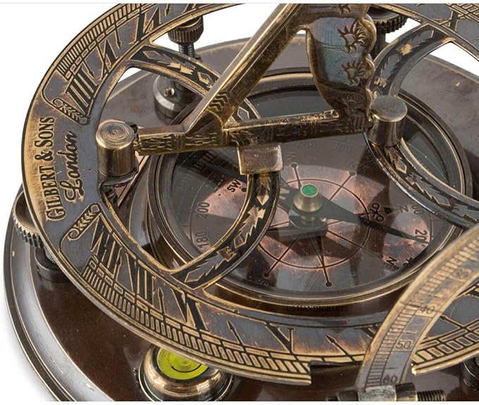 Top Grade 5-Inch Sundial Compass – Vintage Nautical Marine Compass with Wooden Box – Antique Brass Sun Clock for Decoration, Navigation, Gifts – Ship Replica Maritime Compass