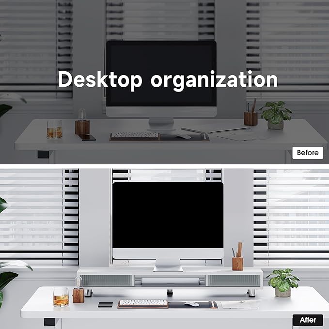 Fenge Dual Monitor Stand, 42.5inch Long Monitor Stands Riser for 2 Monitors, Sliding Door with Storage Organizer Stand for Desk, 2 Tier Desk Shelf for Laptop, Pc, Printer, Computer, TV