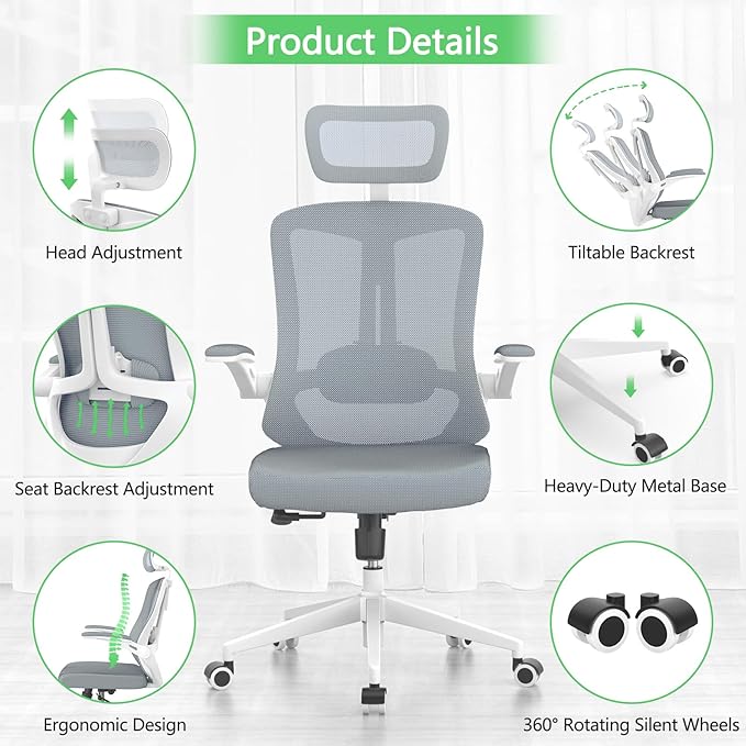 Mesh Office Executive Chair High Back Adjustable Home Desk Chair, Swivel Computer Managerial Chair with Lumbar Support (Grey)