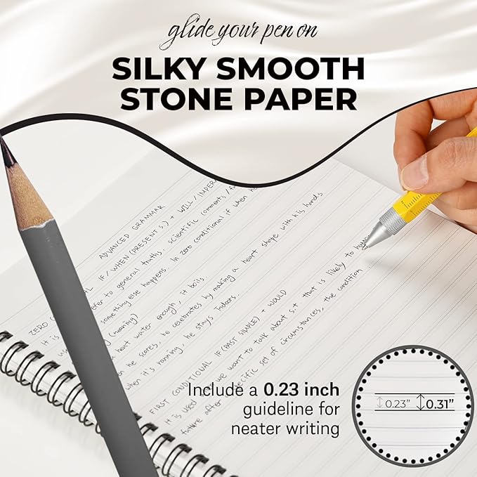 GAK. Stone Paper Waterproof Sheet Spiral Notebook (M Size) – 5.8”x8.3”, 50 sheets, Stone Paper Notebook Journal Note Taking - Waterproof Notepad College Ruled Paper Black Notebook Aesthetic School