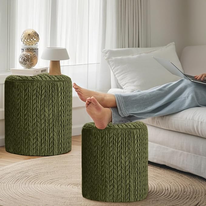 Modern Round Ottoman, Braided-Tufted Foot Stool Ottoman, Velvet Upholstered Vanity Stool for Makeup, Bedroom, Living Room, Dark Green