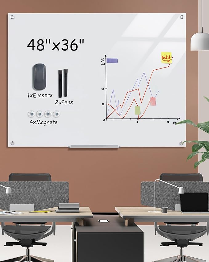 Magnetic Glass Whiteboard，48"x36" Wall Mounted Frameless Dry Erase Board for Office, Home & School Ultra White