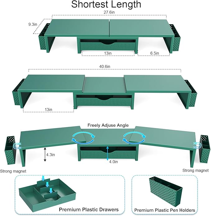 gianotter Dual Monitor Stand Riser, Desk Organizer With Drawer and 2 Pen Holders, Monitor Stand for Desk, Office Decor Essentials (Green)