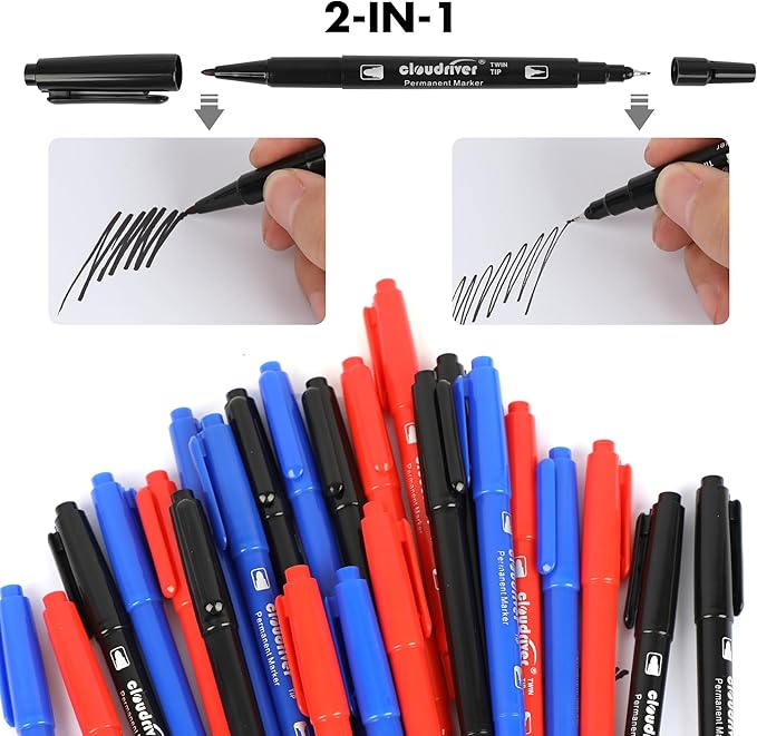 cloudriver Ultra Fine Permanent Markers, 24 Count Twin Tip Permanent Marker Set, 3 Assorted Colors, Ultra Fine Piont And Fine Piont Permanent Marker for Signature And Marking