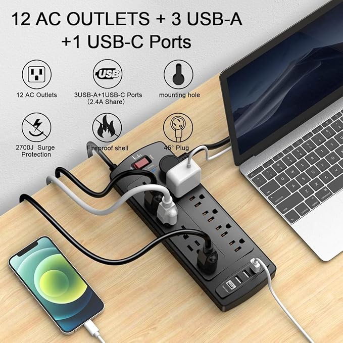 Power Strip, Tcstei Surge Protector with 12 Outlets and 4 USB Ports, 6 Feet Extension Cord (1875W/15A) for for Home, Office, Dorm Essentials, 2700 Joules, ETL Listed, (Black)