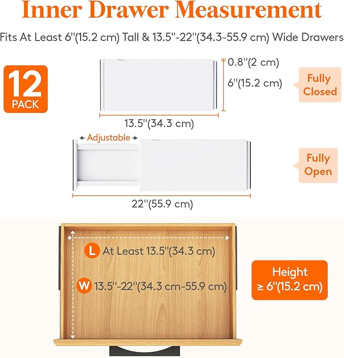 Lifewit 12 Pack Drawer Dividers Plastic 6" High, 13.5-22" Adjustable Drawer Organizers for Clothes, Expandable Dresser Separators in Bedroom/Bathroom/Kitchen/Fridge/Office Organization and Storage