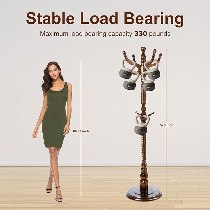Solid Wood Coat Stand, Freestanding with Stable Base, 70" Birch Coat Tree Organizer for Home, Bedroom, Office, Hallway & Entryway with 11 Hooks