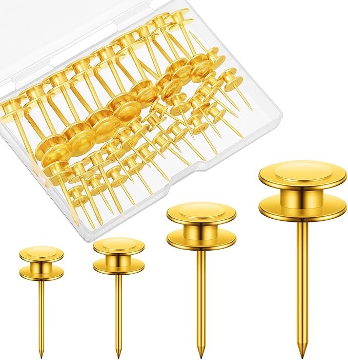 Ferraycle 40 Piece Double Headed Picture Hangers Nails 4 Size Long Thumb Tacks for Wall Hanging Decorative Nails Push Pins Picture Hooks for Drywall Photo Decor, 10/20/ 30/ 50lb(Gold)