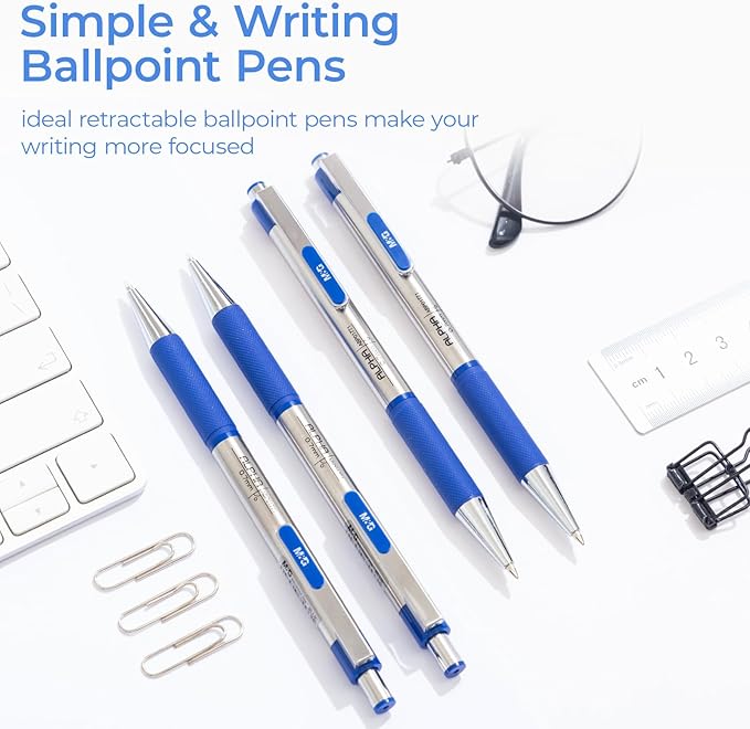 M&G Ballpoint Pens, Blue Ink Pens Medium Point 0.7mm, Retractable Ballpoint Pens Bulk Long Lasting Smooth Writing with Anti-Slip Grip for Journaling Office Supplies School Women Men (12 Pack)
